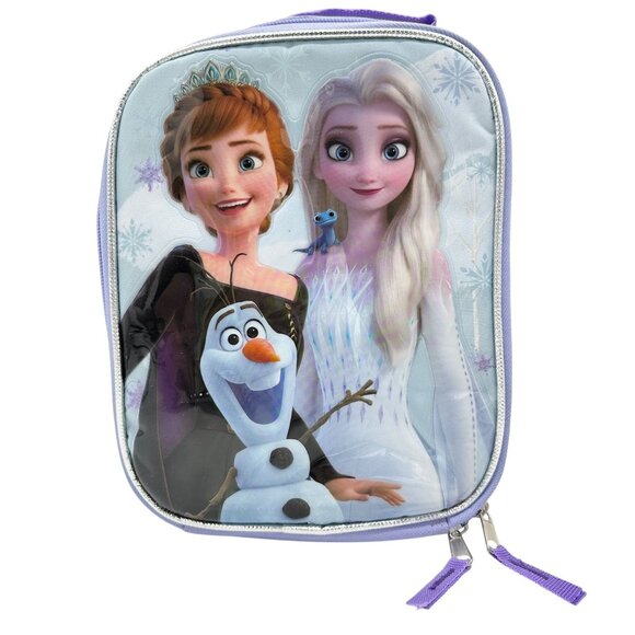 Disney Frozen Insulated Lunch Bag Anna Elsa Olaf Design 10x7x3 Purple Silver Zip - Picture 1 of 7